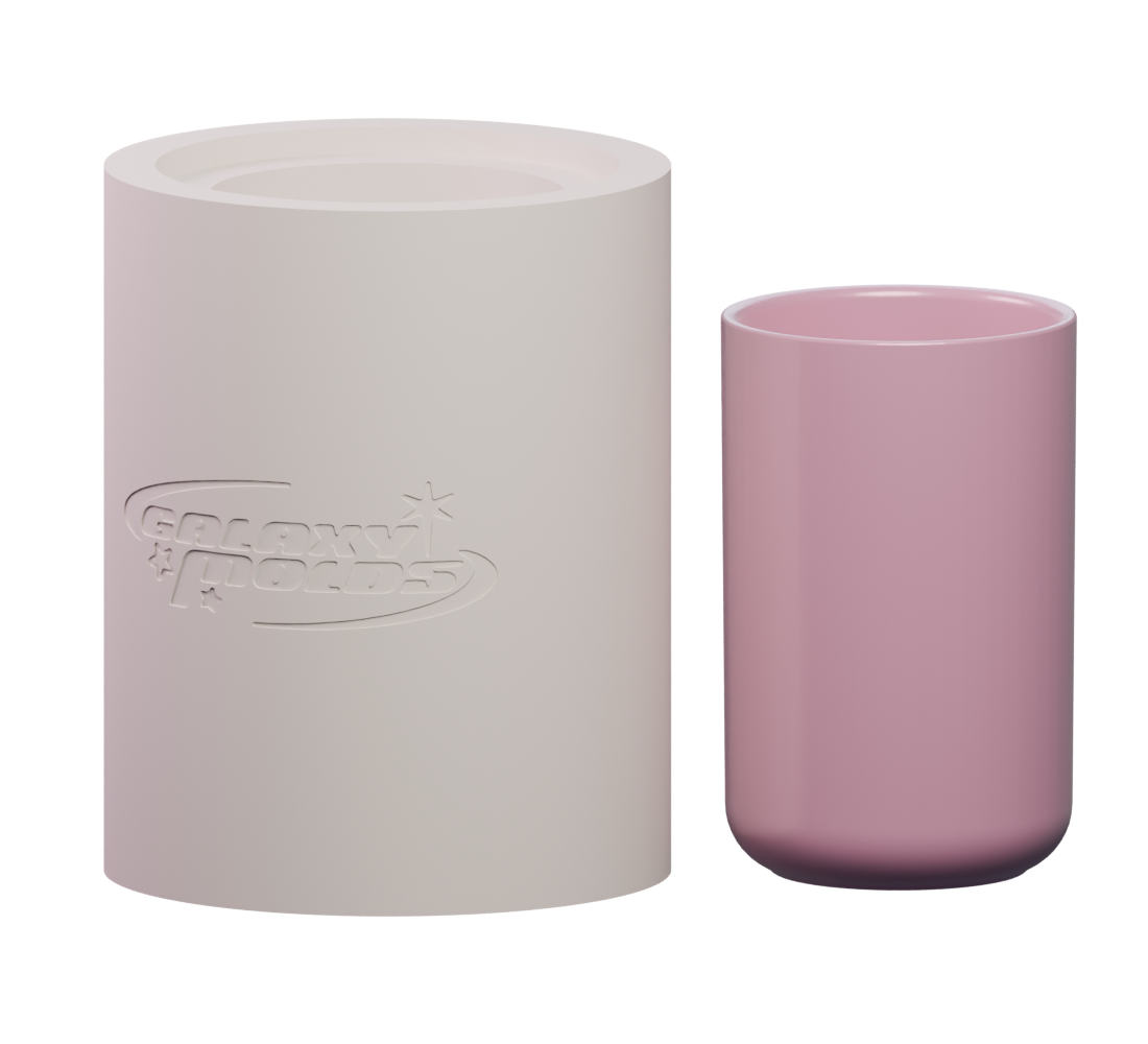 Nova plaster mold alongside a pearly pink example of the ceramic cup it makes
